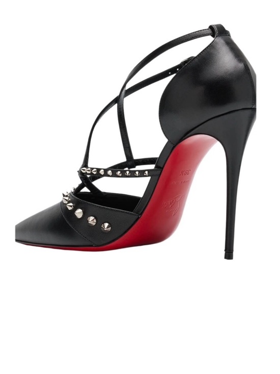 Christian Louboutin Shoes - Christian Louboutin Black Leather Strappy Studded Pointed-Toe Pump with Red Sole